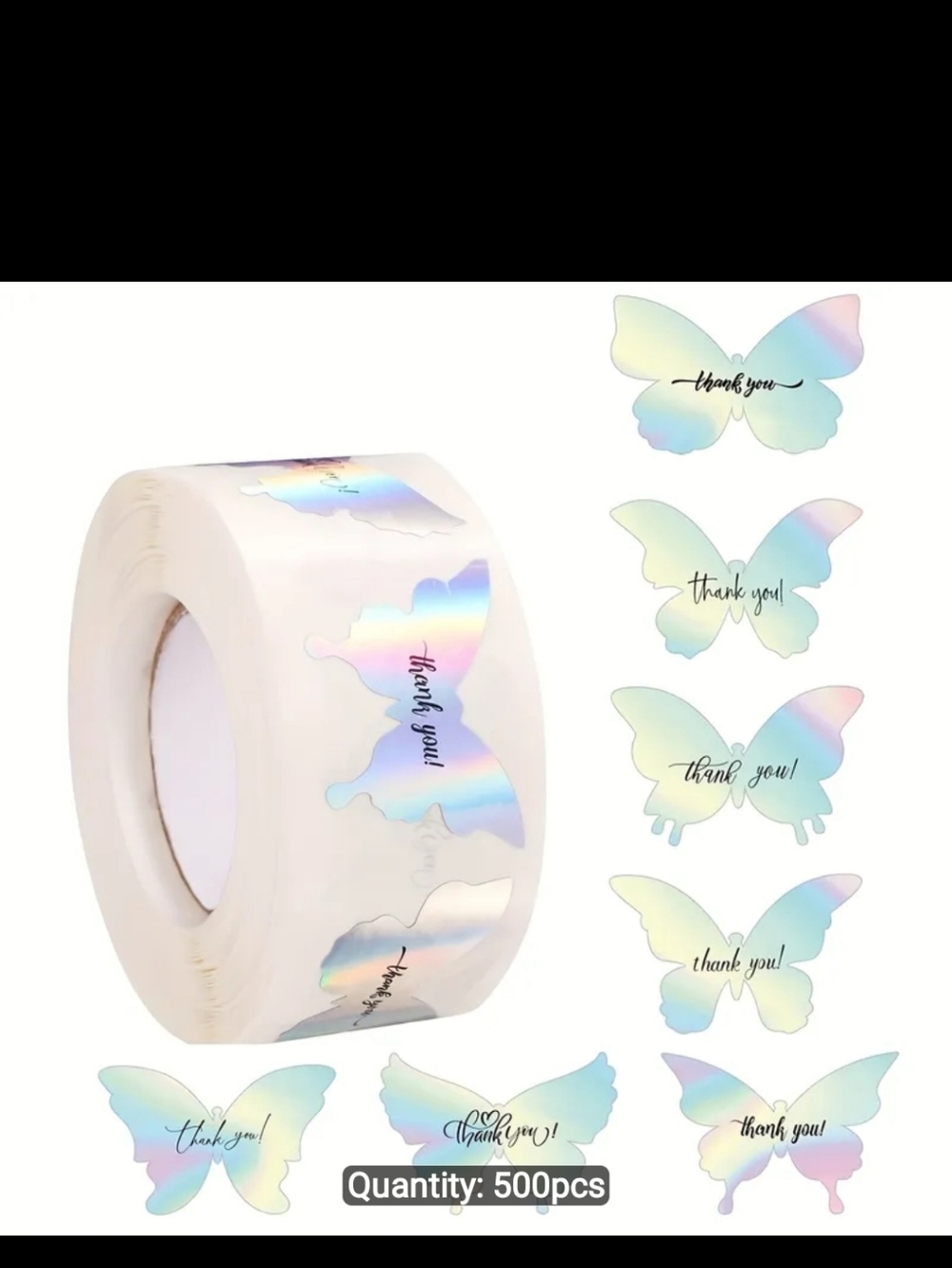 500ct. Holographic Butterfly Thank You Stickers - Bonus 3 Random Polymailers - Picture 2 of 5